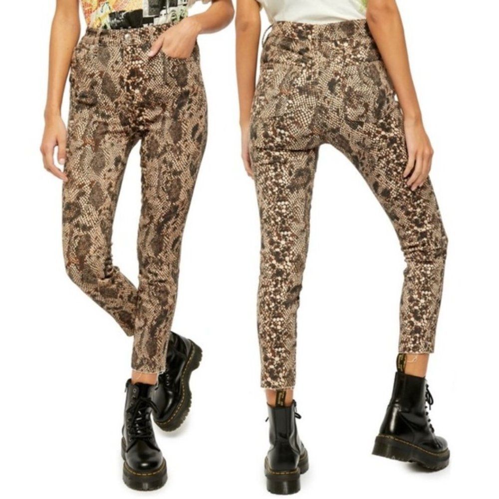 NWT Free People Two Faced Snakeskin High Rise Ankle Jeans Raw Hem Animal Print